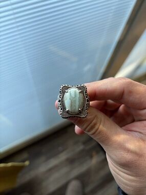 Sterling-Style Men’s Silver Ring with White Marbled Stone